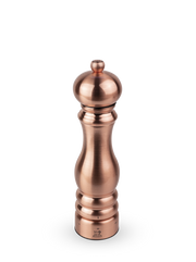 Peugeot | Paris Chef u'Select Pepper Mill, Copper, 9 inches: A brushed copper tabletop grinder with Peugeot lion logo, featuring ergonomic design and u'Select grind settings for precise seasoning.