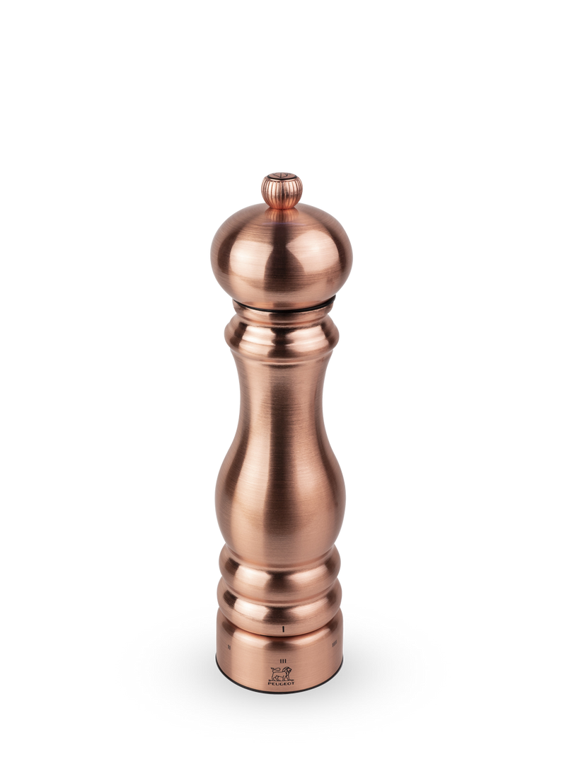 Peugeot | Paris Chef u'Select Pepper Mill, Copper, 9 inches: A brushed copper tabletop grinder with Peugeot lion logo, featuring ergonomic design and u'Select grind settings for precise seasoning.