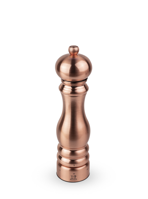 Peugeot | Paris Chef u'Select Pepper Mill, Copper, 9 inches: A brushed copper tabletop grinder with Peugeot lion logo, featuring ergonomic design and u'Select grind settings for precise seasoning.