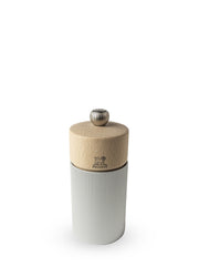 Peugeot | Line Pepper Mill Aluminum + Beechwood, Natural, 4.75 Inches, featuring a fluted metal base, beech-wood top with lion logo, adjustable grind knob.