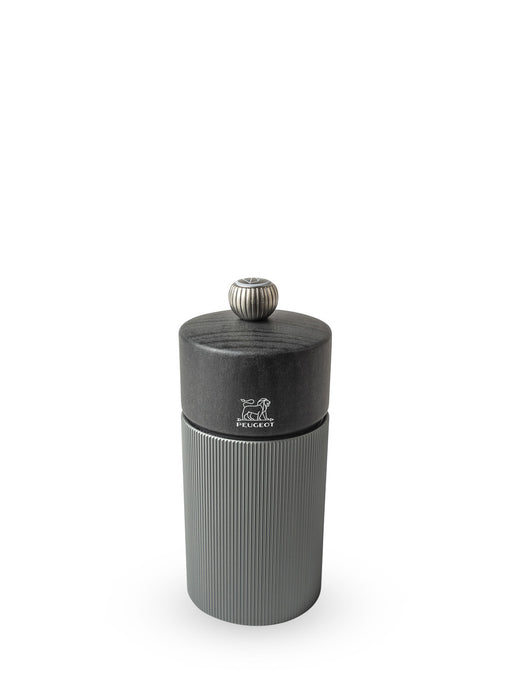 Peugeot | Line Salt Mill Aluminum + Beechwood, Carbon, 4.75 inches, featuring a fluted aluminum body with a wooden cap and metal knob, showcasing Peugeot's craftsmanship.