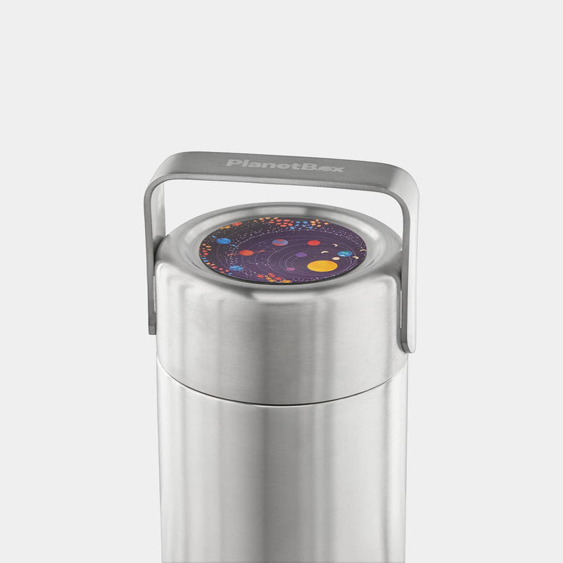 PlanetBox - Insulated Container with a stainless-steel body, U-shaped handle, and colorful planet graphic lid, ideal for keeping food hot or cold.