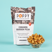 Poppy Hand-Crafted Popcorn - Cinnamon Bourbon Pecan Popcorn, featuring caramelized popcorn and pecan pieces, gluten-free, highlighting Southern flavors of bourbon and cinnamon, 9.25 oz bag.