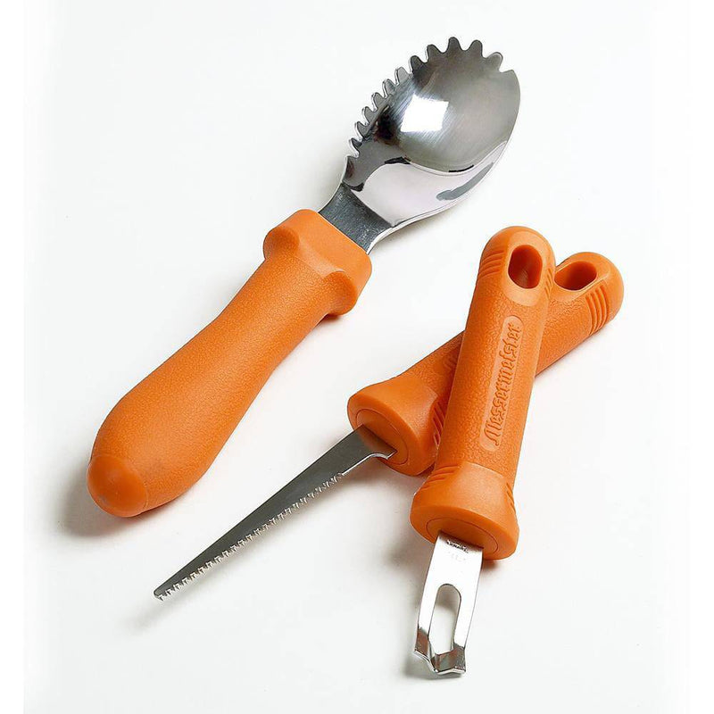 Messermeister | Pumpkin Meister Carving Set: Three-piece multi-tool set featuring spork, mini saw, and prying tool for precise pumpkin carving. Ideal for creative fall festivities.