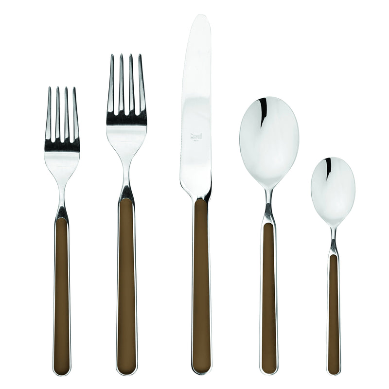 Mepra SPA - Place Set 5 Pcs Fantasia: New Coral, showcasing close-up of elegant silverware with durable, welded handles and double serration knives.
