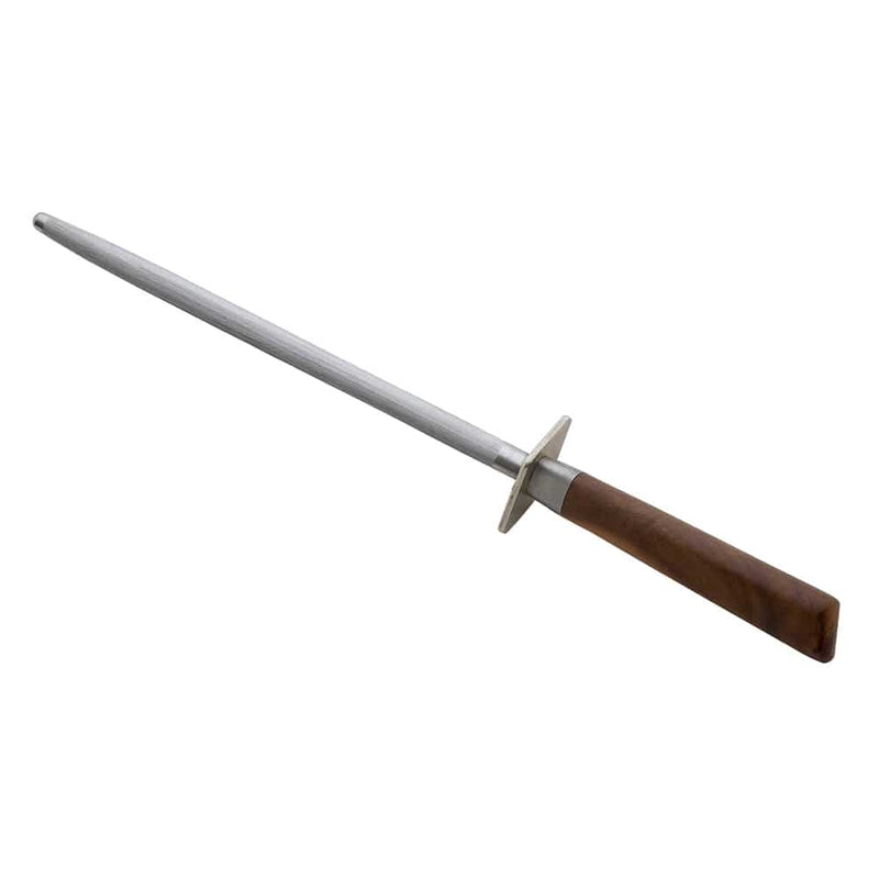 Messermeister Royale Elite Honing Steel, 10 inches, featuring a fine grit steel rod with an elegant walnut handle for precise knife edge realignment.