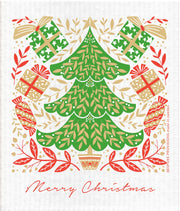 Bespoke Provisions - Merry Christmas Swedish Dishcloth features a festive tree and gifts design, ideal for sustainable kitchen cleaning.