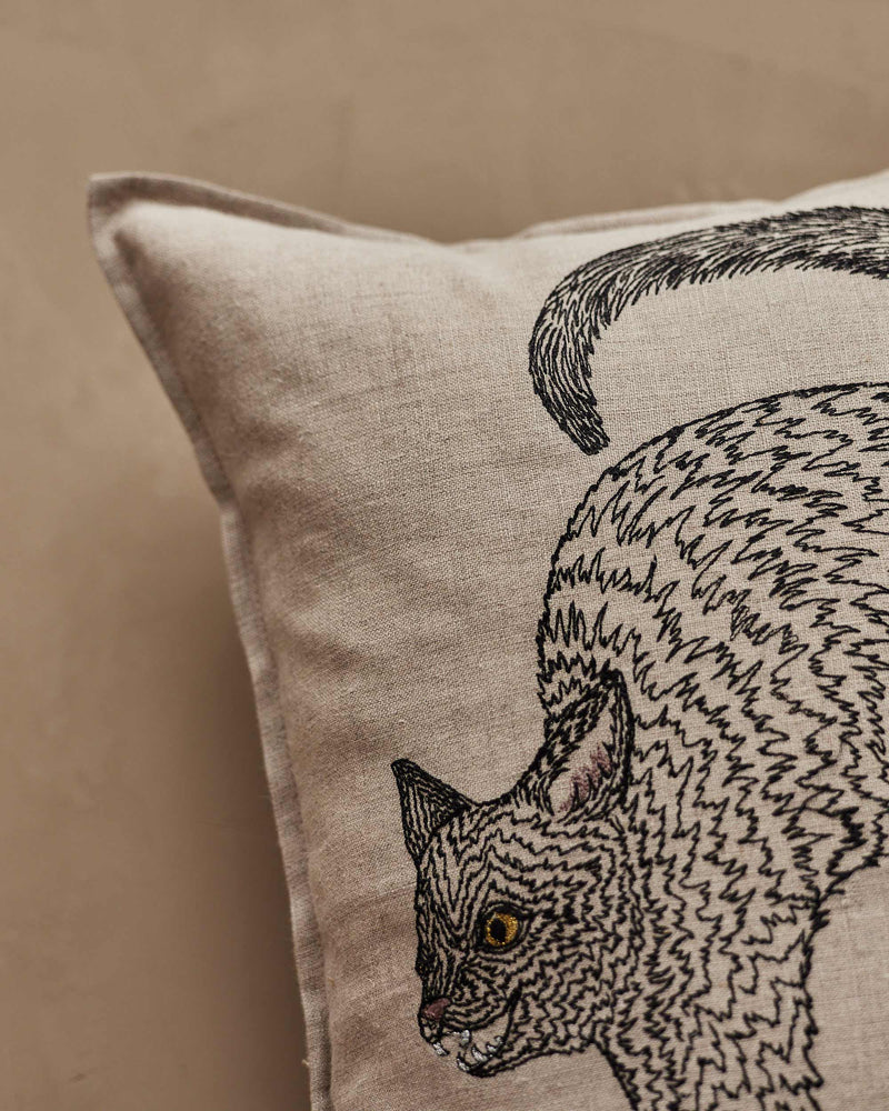 Coral & Tusk - Scaredy Black Cat Pillow: A 12 × 16 throw pillow featuring a black and gold embroidered snarling cat design, perfect for Halloween decor.