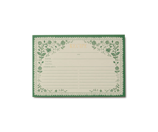 Rifle Paper Co. - Pack of 12 Artichoke Recipe Cards with green floral-vine border, gold-foil RECIPE heading, and sections for title, notes, and ingredients.