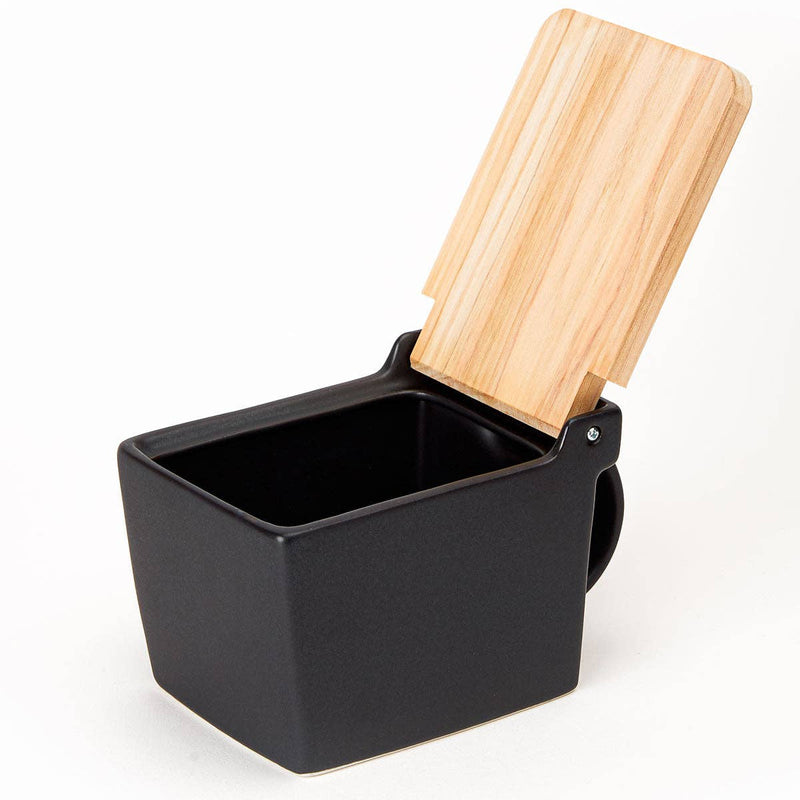 Zero Japan | Bee House Ceramic Salt Box With Wooden Lid & Dehumidifying Measuring Spoon, Noble Black