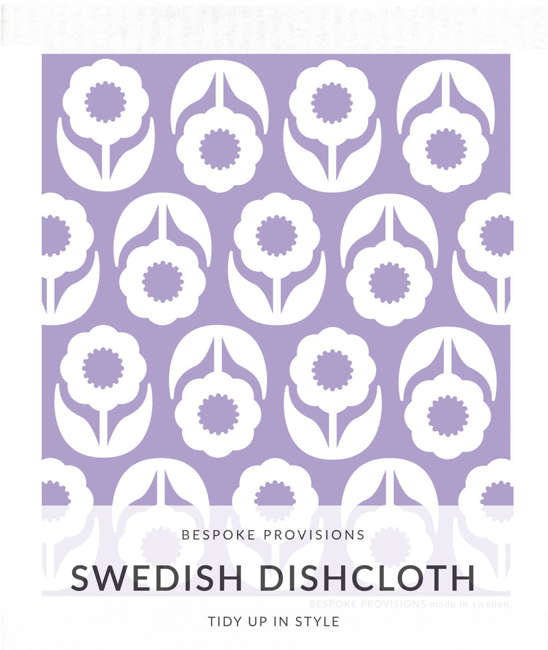 Bespoke Provisions - Flowers on Lavender Swedish Dishcloth featuring a purple and white floral pattern, ideal for cleaning and eco-friendly kitchen use.