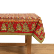 Couleur Nature - Noel Red & Green | French Tablecloths: 71 x 71, showcasing festive Christmas motifs on red French linen, perfect for adding traditional charm to your kitchen or dining area.