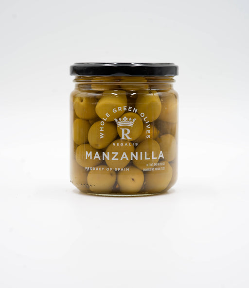 Regalis Foods - Regalis Manzanilla Olives, 345gr, in a clear glass jar with black lid, perfect for cocktail garnishing or snacking. Product of Spain.