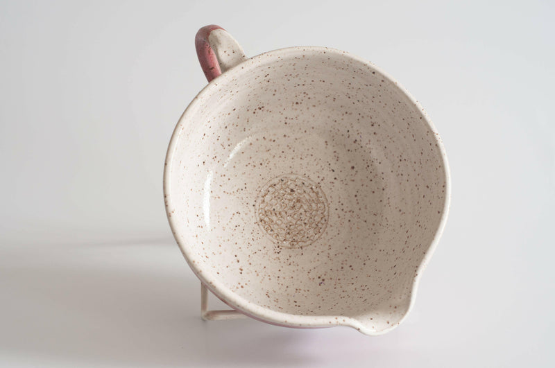 RachaelPots Salad Dressing Bowl - Nude with garlic scraper, handle, and pour spout, ideal for making dressings or as a personal guacamole bowl, hand-thrown in Brooklyn.