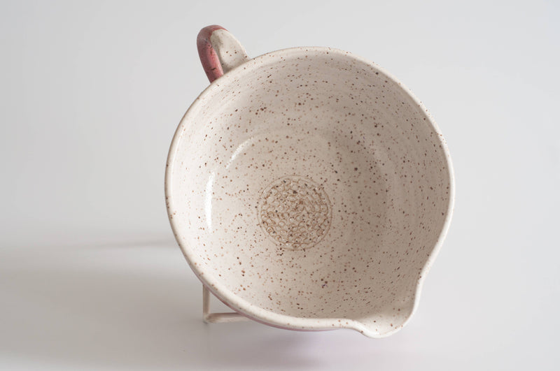 RachaelPots - Salad Dressing Bowl: Coral, a handmade speckled ceramic bowl with a handle and pour spout, ideal for dressings and marinades.