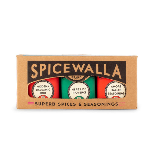 Spicewalla | Mediterranean Collection 3 Pack Gift Set featuring tins of Modena Balsamic Rub, Herbs de Provence, and Amore Italian Seasoning visible through the box window.