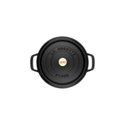Staub | Round Cocottes - 7 qt Matte Black, a durable cast-iron Dutch oven with brass knob and self-basting lid, ideal for slow-cooking and enhancing flavors.