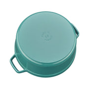 Staub | Round Cocottes - 5.5 qt Turquoise, French-made cast-iron pot with handles, underside view showing Made in France stamp.