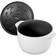 Staub 1.5 Qt Petite French Oven with Chistera lid, ideal for cooking and serving dishes, offering exceptional heat retention, showcased by Athens Cooks.