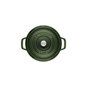 Staub | Round Cocottes - 5.5 qt Basil: Top-down view of a green enameled cast-iron cocotte with metal knob, ideal for braising and roasting.