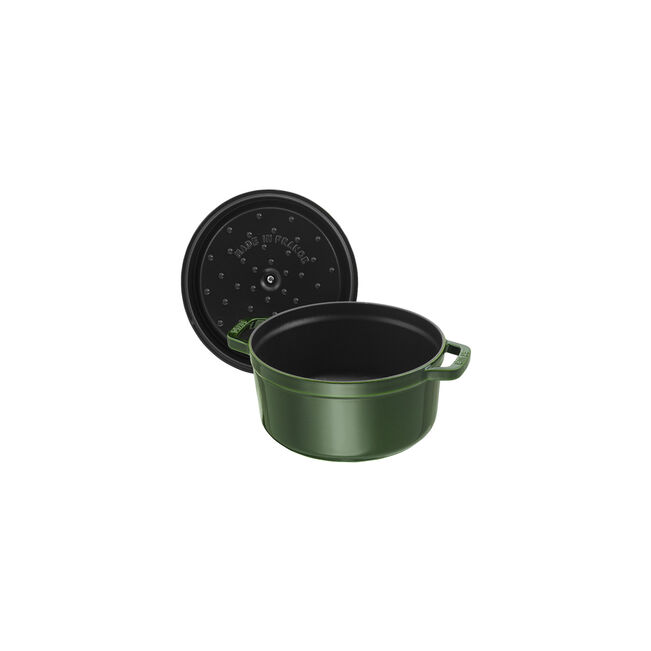 Staub | Round Cocottes - 5.5 qt Basil: Green enameled cast-iron Dutch oven with self-basting lid, featuring black enamel interior, ideal for braising and roasting.