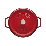 Staub | Round Cocottes - 7 qt Cherry: A durable, red enameled cast-iron pot with a self-basting lid and side handles, perfect for slow-cooking and oven use.