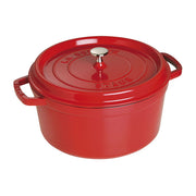 Staub | Round Cocottes - 7 qt Cherry, a durable enameled cast-iron Dutch oven with a self-basting lid, ideal for slow-cooking and browning dishes, perfect for kitchen-to-table use.