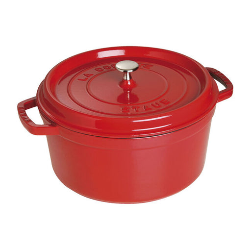 Staub | Round Cocottes - 7 qt Cherry, a durable enameled cast-iron Dutch oven with a self-basting lid, ideal for slow-cooking and browning dishes, perfect for kitchen-to-table use.