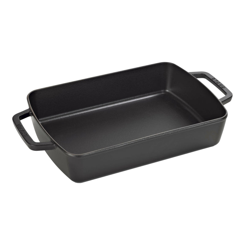 Staub | Cast-Iron Rectangular Roasting Pan, 10 x 15, showcasing its durable, enameled surface, ideal for browning and braising, suitable for all heat sources.