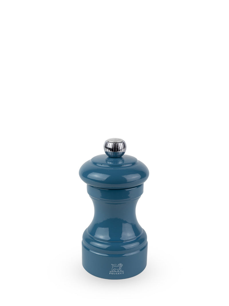 Peugeot | Bistro Salt Mill in Pacific Blue, featuring a classic hourglass design, metal adjustment knob, and Peugeot lion logo, ideal for grinding dry salt crystals.