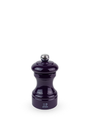 Peugeot | Bistro Salt Mill, Eggplant: An hourglass-shaped wooden mill with a steel mechanism and metal knob, featuring the Peugeot lion logo near the base.
