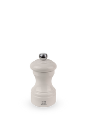 Peugeot | Bistro Salt Mill, Ivory: A classic beech wood spice grinder with a white lacquered body and fluted metal knob, showcasing the Peugeot lion logo near the base.