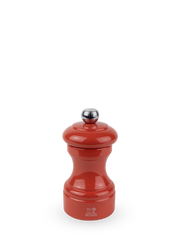 Peugeot | Bistro Salt Mill, Terracotta: Glossy red tabletop pepper grinder with chrome knob and Peugeot logo, offering adjustable grinding for fine or coarse salt crystals.