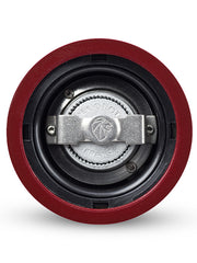 Peugeot | Paris u'Select Wooden Salt Mill, Passion Red, showcasing the metal burr assembly with 'Peugeot France' and lion logo on the adjustment collar, emphasizing precision seasoning.