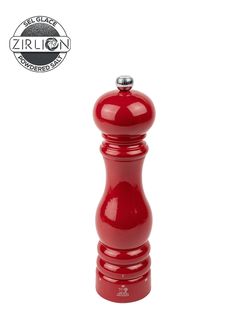 Peugeot | Paris Chef u'Select Passion Red Salt Mill, 9 inches, featuring an hourglass shape, metal adjustment knob, and Zirconia mechanism for fine powdered salt.
