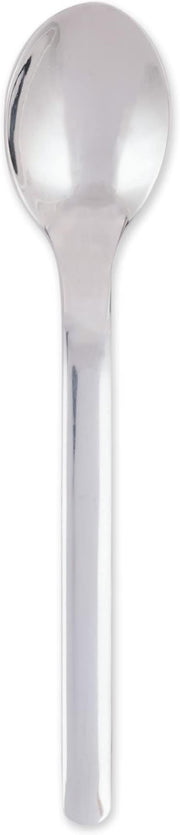 Close-up of the RSVP Endurance New York Demi Spoon, a sleek 4.5-inch stainless steel utensil, ideal for espresso, tea, or desserts.