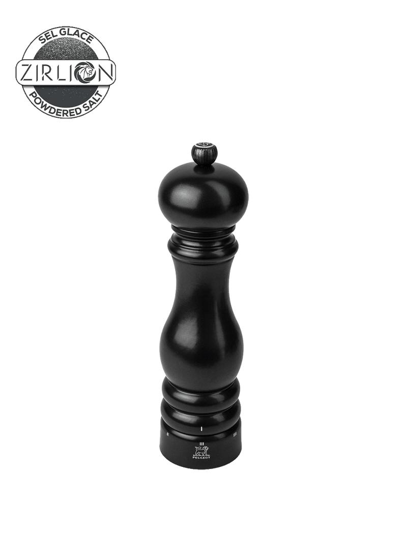 Peugeot | Paris Satin Black u'Select Pepper Mill, 9 inches, features a sleek design with adjustable grind settings and a lifetime-guaranteed Zirconia mechanism.