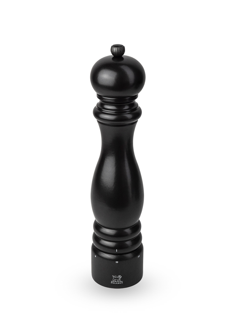 Peugeot | Paris u'Select Wooden Pepper Mill in satin black, featuring an adjustable coarseness knob and Peugeot lion logo, ideal for enhancing freshly ground pepper flavor.
