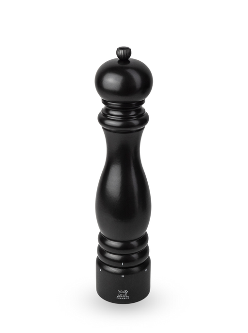 Peugeot | Paris u'Select Wooden Pepper Mill in satin black, featuring an adjustable coarseness knob and Peugeot lion logo, ideal for enhancing freshly ground pepper flavor.