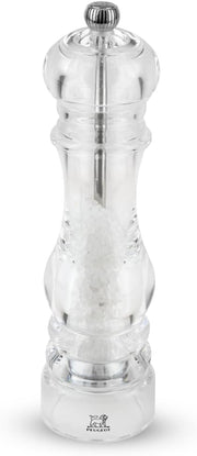 Peugeot | Paris Nancy Salt Mill, 9 Inches: Clear acrylic design showcasing coarse salt, adjustable coarseness knob on top. Ideal for kitchen enthusiasts, from Athens Cooks.