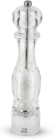 Peugeot | Paris Nancy Salt Mill, Acrylic, 12 inches, showcasing coarse white salt crystals, features an adjustable knob for coarseness control, enhancing culinary experiences with style and precision.