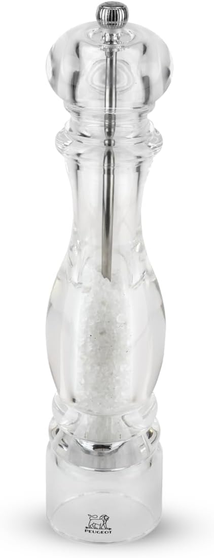 Peugeot | Paris Nancy Salt Mill, Acrylic, 12 inches, showcasing coarse white salt crystals, features an adjustable knob for coarseness control, enhancing culinary experiences with style and precision.