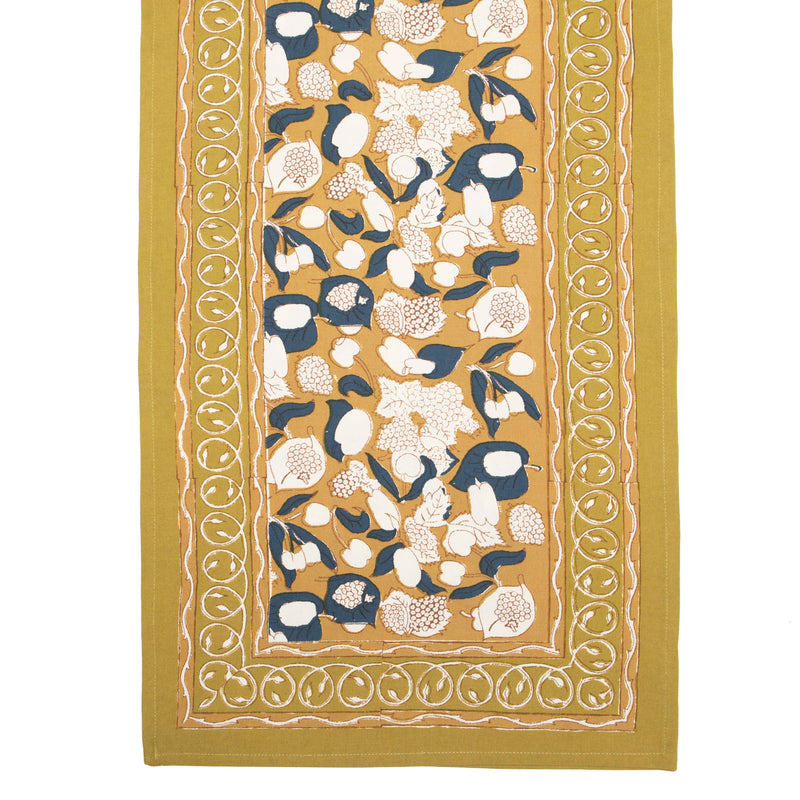 Couleur Nature - Forest Harvest Mustard & Blue Table Runner features hand-printed fruits and vines, ideal for enhancing dining experiences with artisanal elegance, available in 16 x 90.