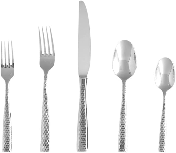 Fortessa | Lucca Faceted 5pc Serving Set, featuring a knife, spoon, and fork, ideal for elevating dining experiences with elegant tableware from Athens Cooks.