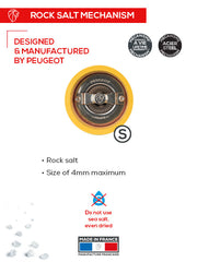 Peugeot | Bistro Pepper Mill, Saffron: Close-up of the steel grinding mechanism, rock salt use, and Peugeot branding, highlighting its French craftsmanship and design.