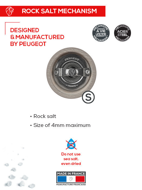 Peugeot | Bistro Salt Mill, Smoked Grey, featuring a stainless-steel grinding mechanism marked “Peugeot France”, designed for rock salt crystals, with a lifetime warranty. Made in France.