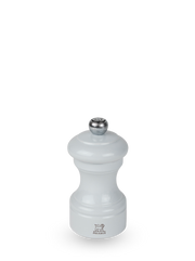 Peugeot | Bistro Pepper Mill, Pearl Grey, featuring a flared-waist design with a metal adjustment knob and Peugeot lion logo, ideal for elegant kitchen settings.