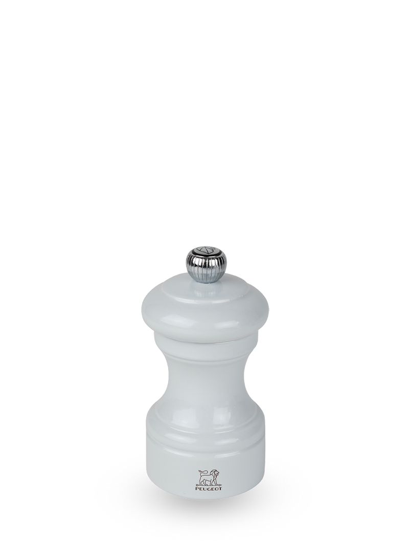 Peugeot | Bistro Pepper Mill, Pearl Grey, featuring a flared-waist design with a metal adjustment knob and Peugeot lion logo, ideal for elegant kitchen settings.