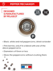 Peugeot | Bistro Pepper Mill, Pearl Grey: Top-down view showcasing the durable, French-made steel mechanism, suitable for various peppercorns, with a lifetime warranty.