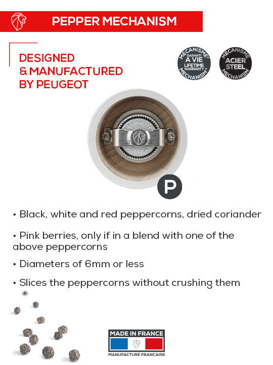 Peugeot | Bistro Pepper Mill, Pearl Grey: Top-down view showcasing the durable, French-made steel mechanism, suitable for various peppercorns, with a lifetime warranty.